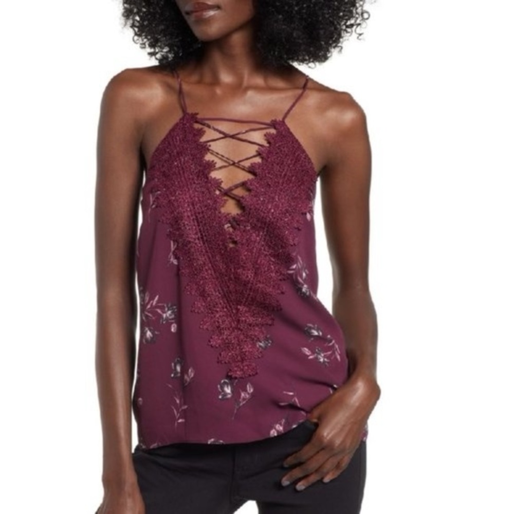 Wayf Burgundy Floral Lace-Up Blouse